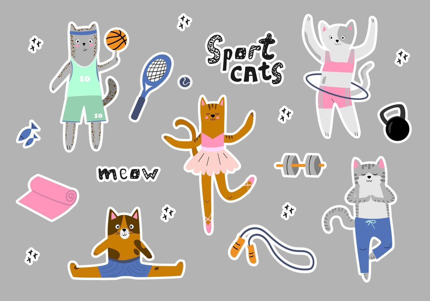 en uppsättning av klistermärken av söt katter idrottare. katter och sporter Utrustning, hoppa rep, kettlebell, hantel. katt gör yoga, sitter på de delar upp, vändningar de ring. kreativ samling av klistermärken.platta vektor. vektor
