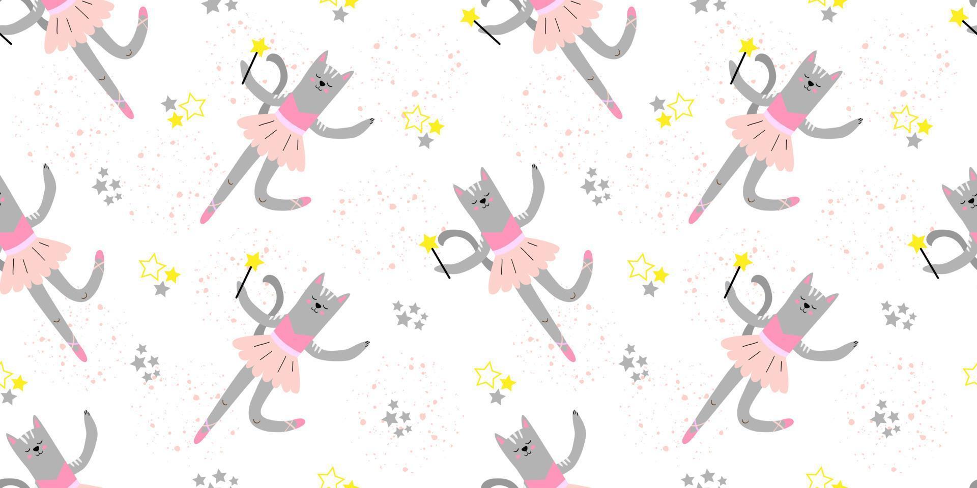 sömlös barns teckning med en söt fe- katt och stjärnor. ballerina katt. mönster för flickor. kreativ barns textur för tyg, förpackning, textilier, tapet, kläder. vektor illustration.