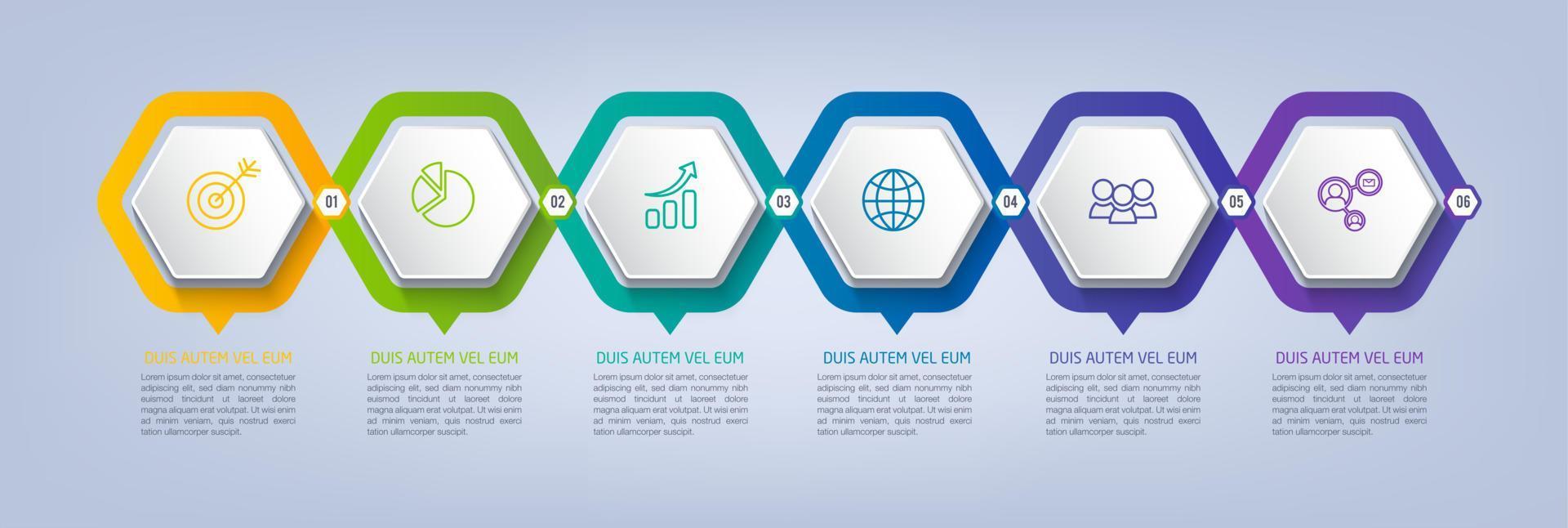 Geschäft Infografik Vorlage mit Schritt oder Möglichkeit Design. Infografiken sechs Optionen. Diagramm mit Sechsecke. Vektor Design.