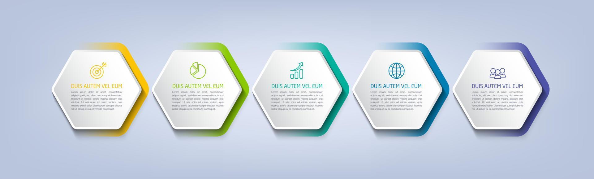 Geschäft Infografik Vorlage mit Schritt oder Möglichkeit Design. Infografiken fünf Optionen. Diagramm mit Sechsecke. Vektor Design.