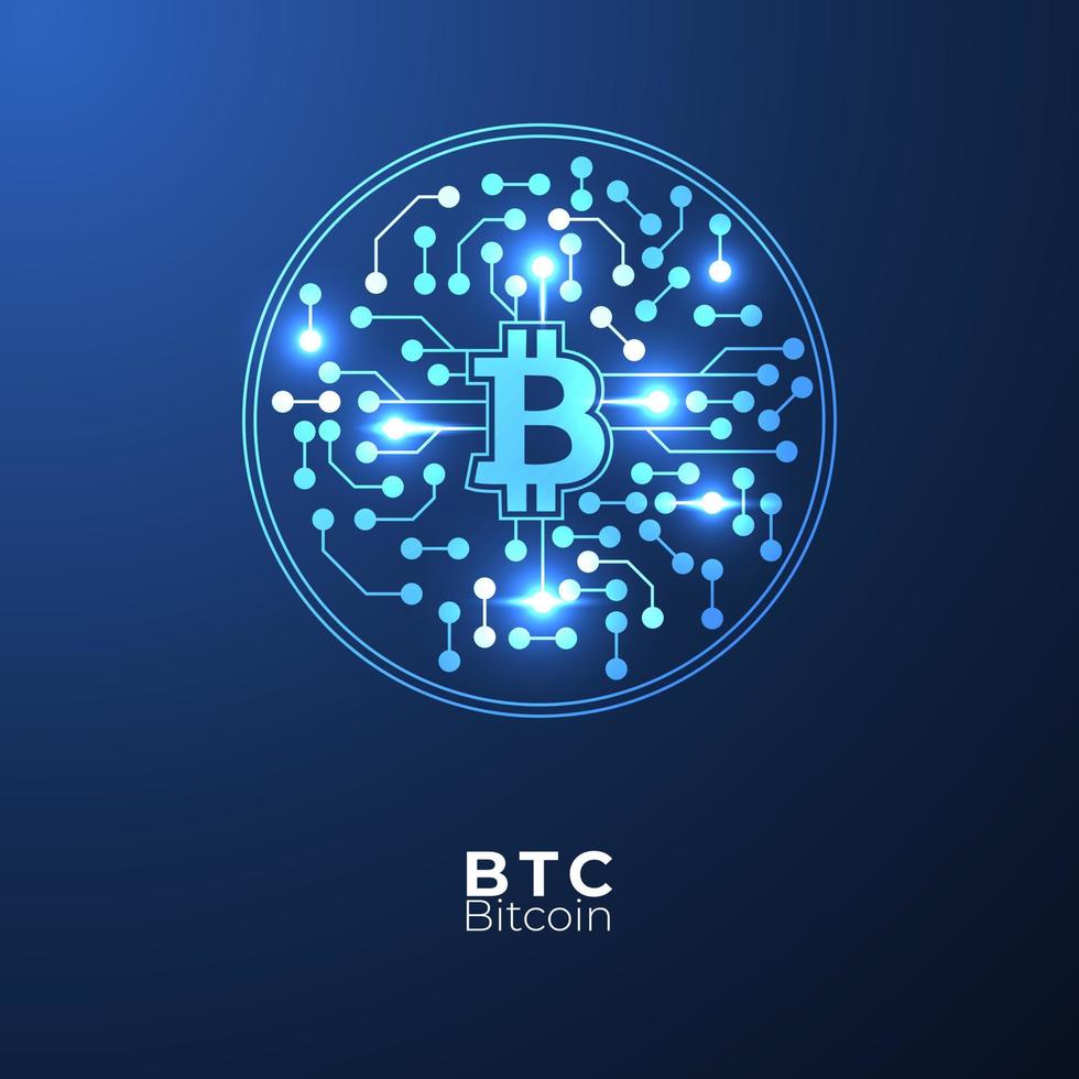Bitcoin Kryptowährung mit Schaltkreis Unterbrecher von Blockchain Technologie. Digital Geld Dezentralisierung. Vektor Kunst Illustration