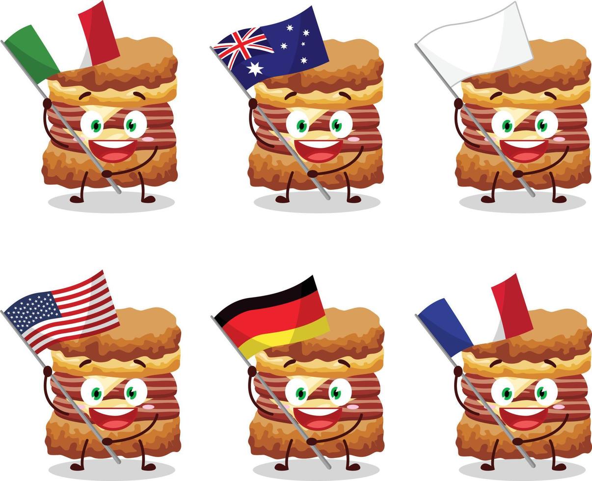 kyckling smörgås tecknad serie karaktär föra de flaggor av olika länder vektor