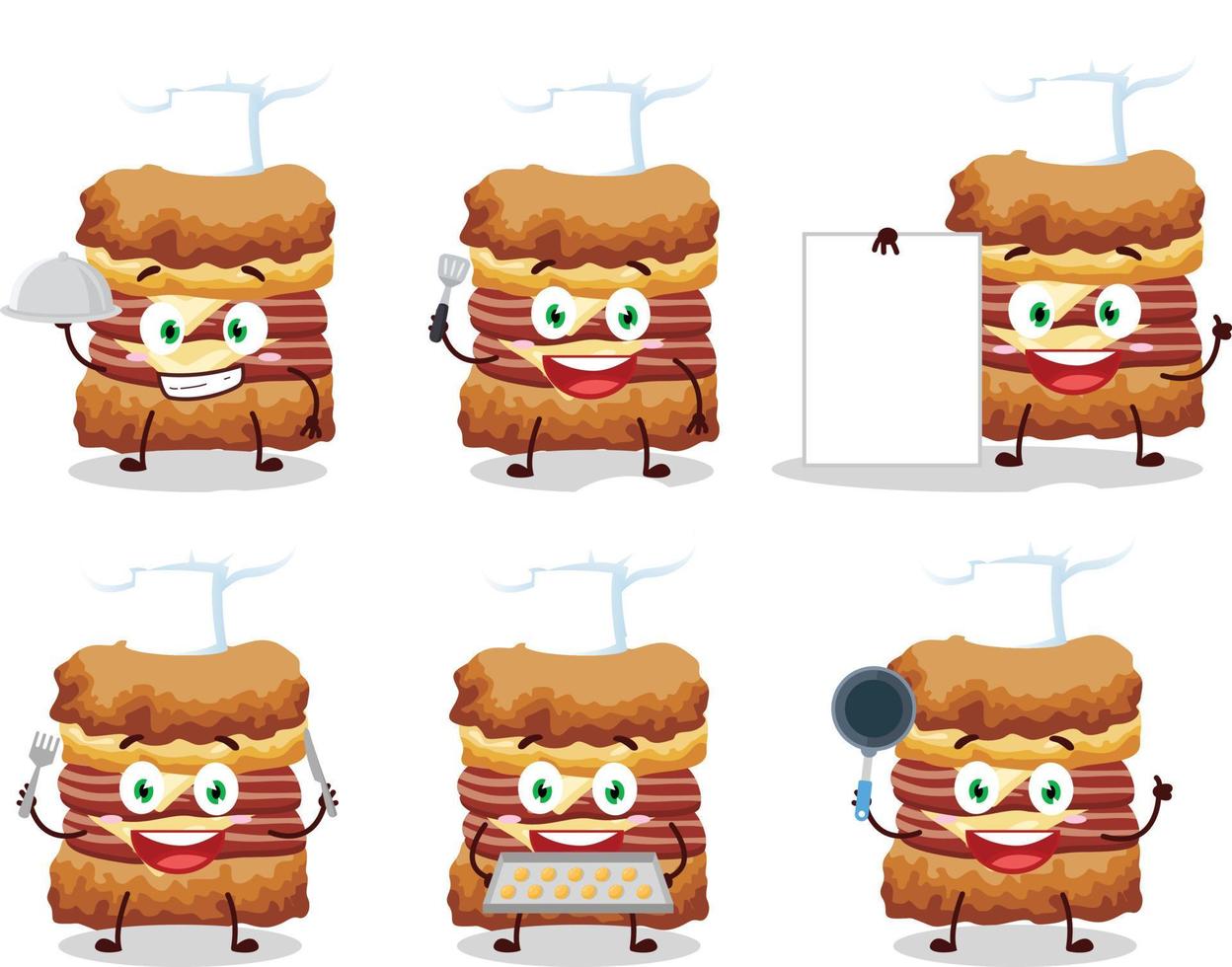 tecknad serie karaktär av kyckling smörgås med olika kock uttryckssymboler vektor