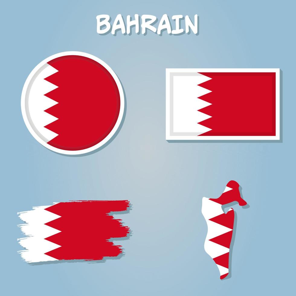 Bahrain Karte einschließlich Karte mit Betrachtung, Karte im Flagge Farben, glänzend und normal Flagge von Bahrein. vektor