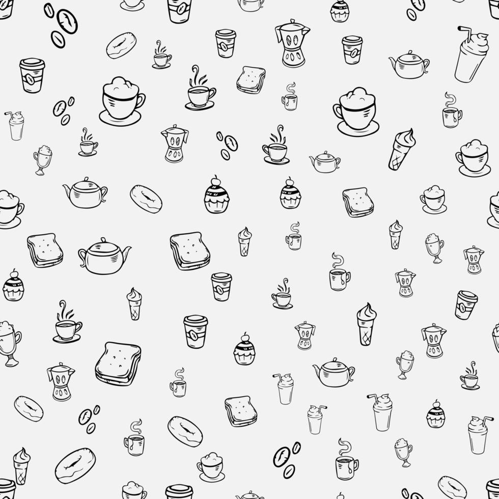 Kafé sömlös mönster. hand dragen te och kaffe krukor, desserter och inspirera bildtexter. meny omslag design, tapet stencil. svart och vit typografi bakgrund vektor