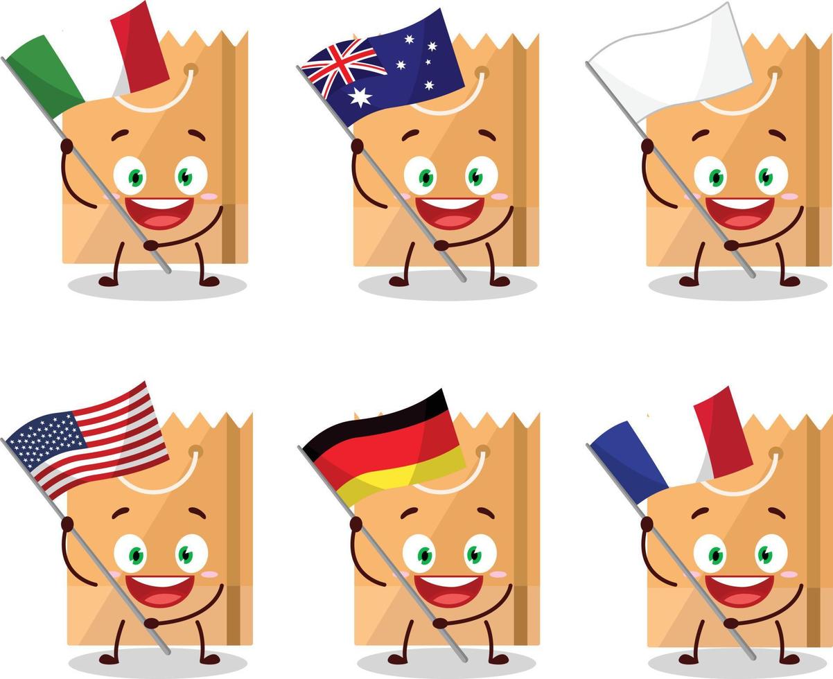 Lebensmittelgeschäft Tasche Karikatur Charakter bringen das Flaggen von verschiedene Länder vektor