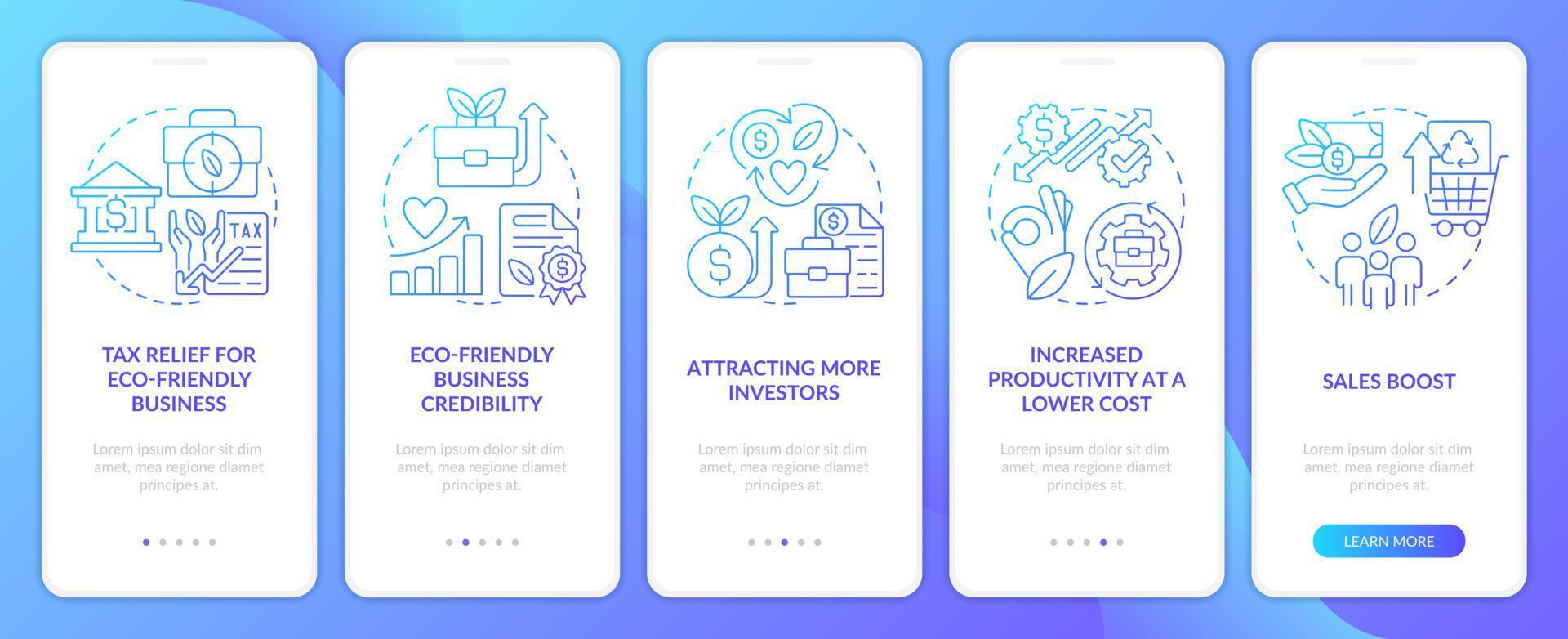 Umwelt Marke Leistungen Blau Gradient Onboarding Handy, Mobiltelefon App Bildschirm. Komplettlösung 5 Schritte Grafik Anleitung mit linear Konzepte. ui, ux, gui Vorlage vektor