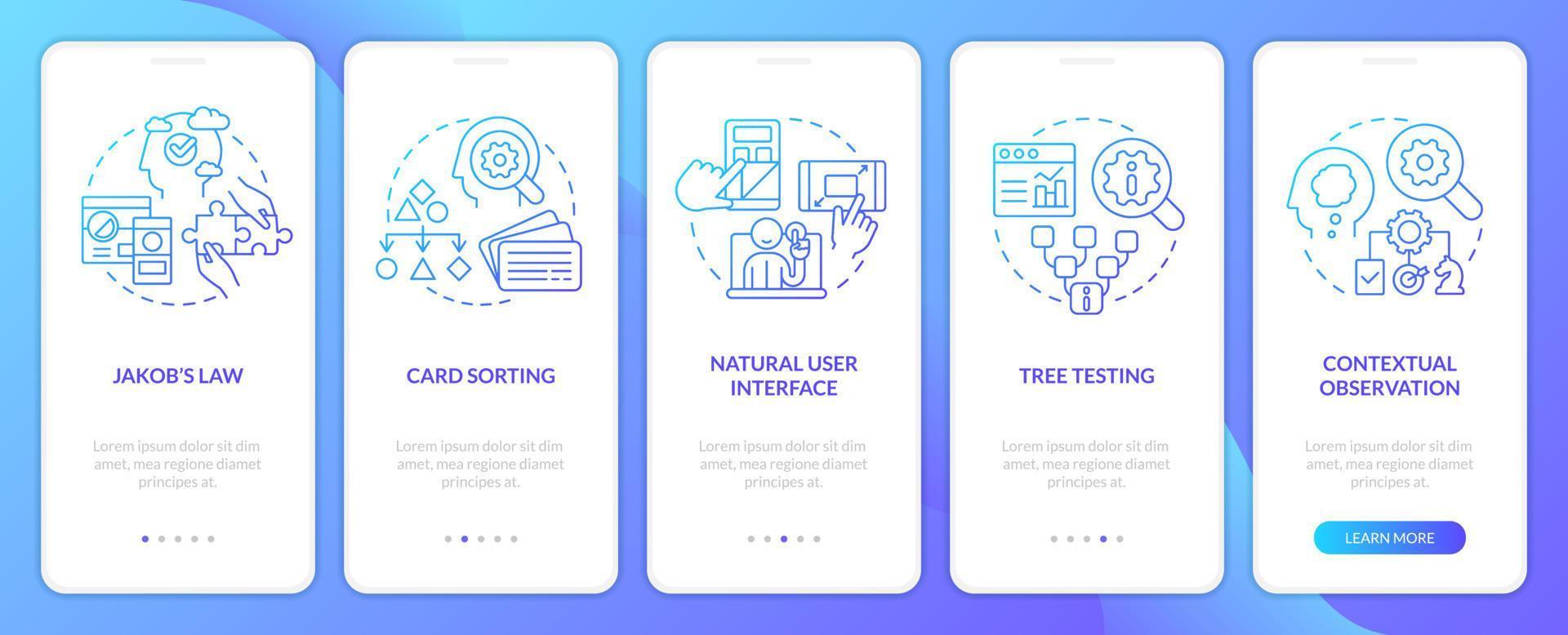 nutzen mental Modelle im Design Blau Gradient Onboarding Handy, Mobiltelefon App Bildschirm. Komplettlösung 5 Schritte Grafik Anleitung mit linear Konzepte. ui, ux, gui Vorlage vektor