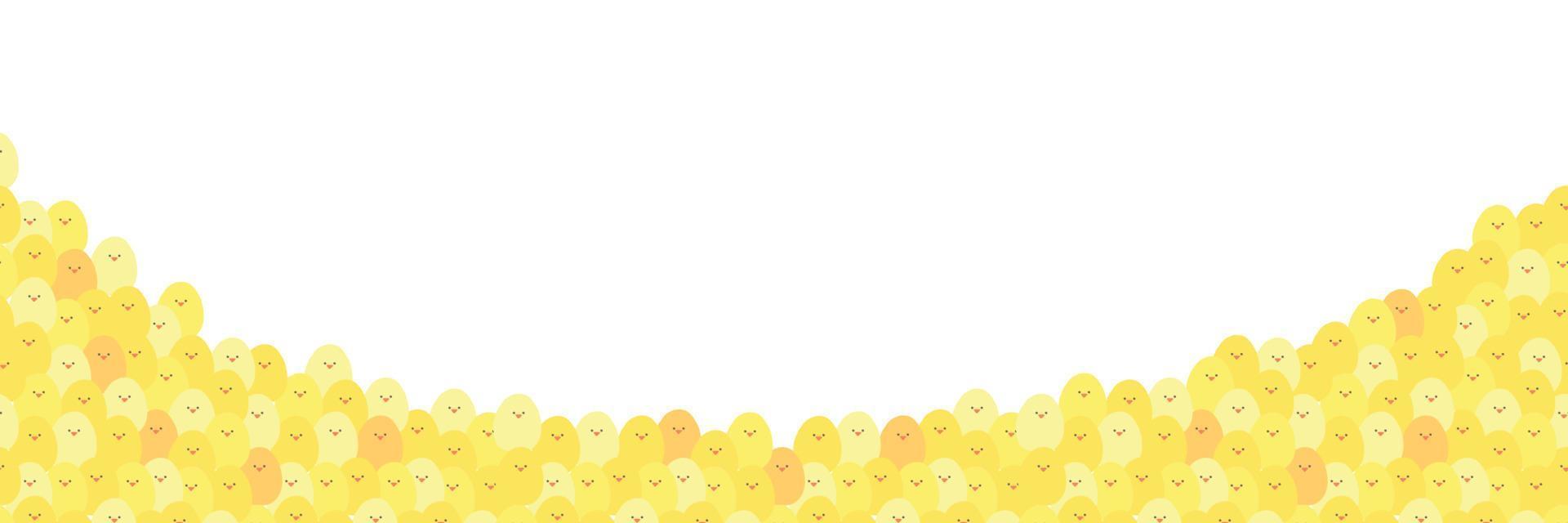 söt sömlös mönster handla om bruka leva med folkmassan av kycklingar. ljus tecknad serie vektor sommar horisontell bakgrund. tapet, fyller, unge design. liten fett gul påsk kyckling