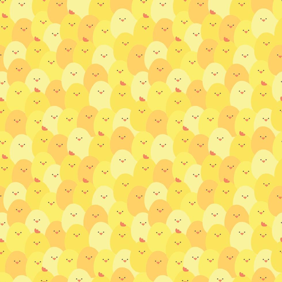 söt sömlös mönster handla om bruka leva med folkmassan av kycklingar. ljus tecknad serie vektor sommar bakgrund. tapet, fyller, unge design. liten fett gul påsk kyckling