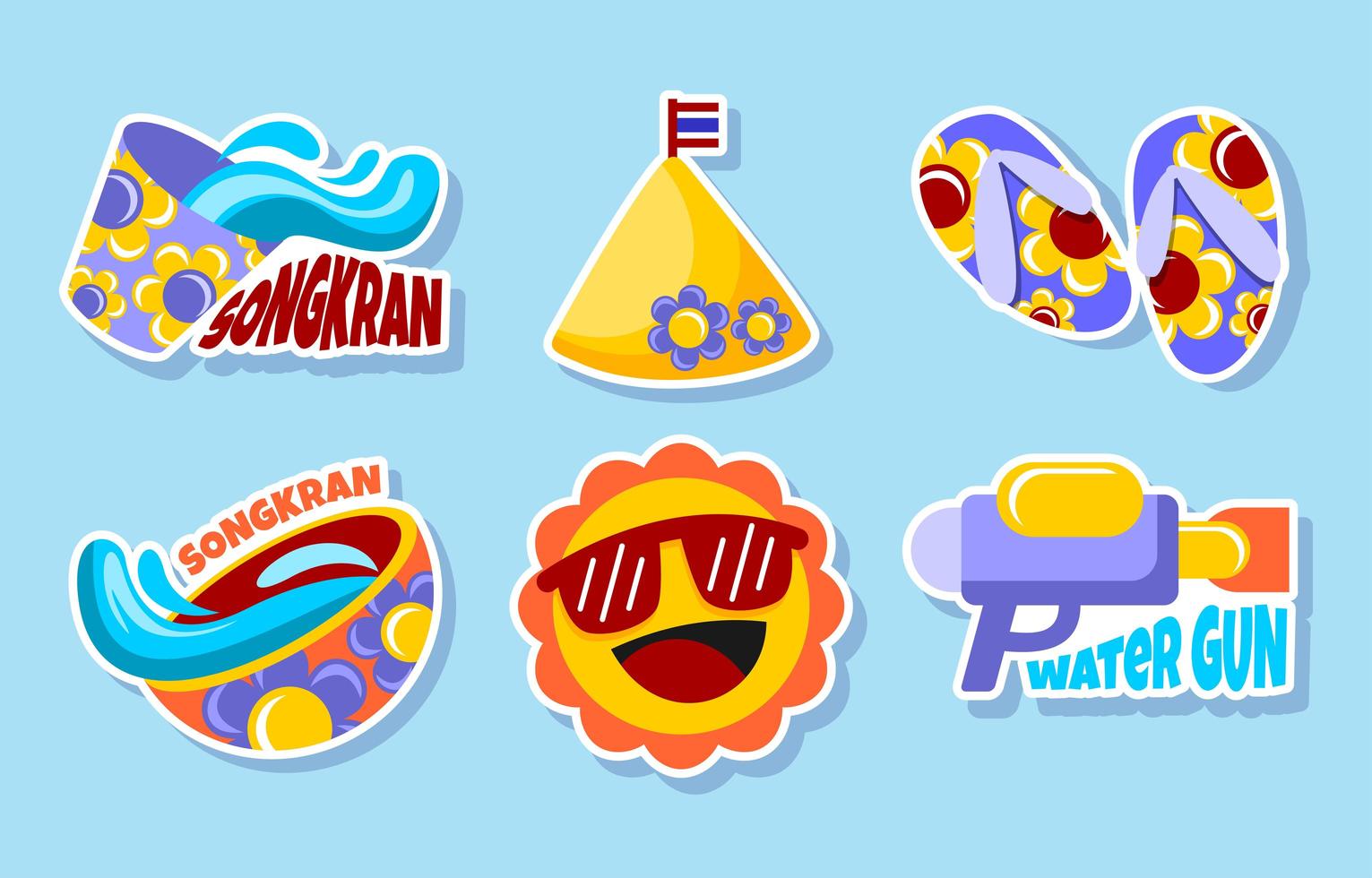 flaches Design für Songkran Festival Aufkleber Set vektor