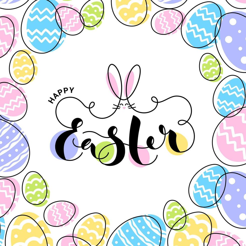 Lycklig påsk färgrik bakgrund med text, ljus ägg, hand dragen utsmyckad och söt kanin. linje konst påsk- affisch. vektor illustration.