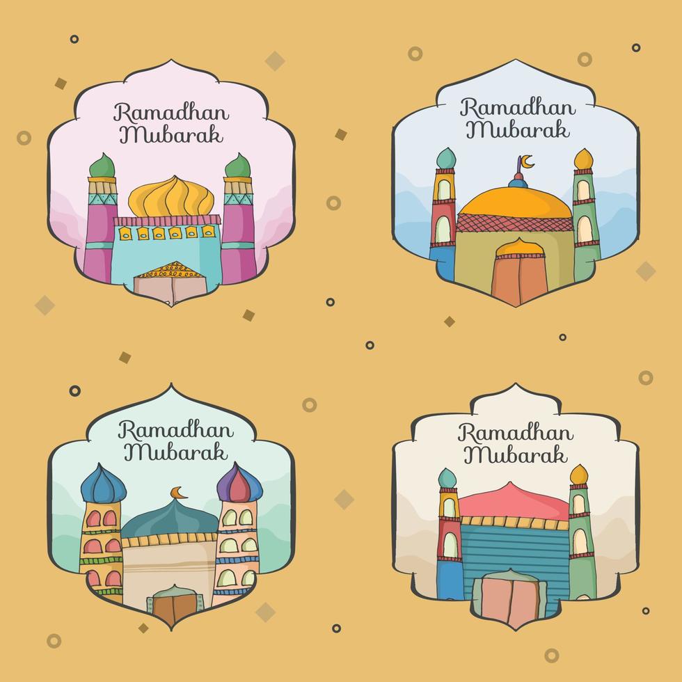 uppsättning av Ramadhan etiketter tema med moské och minaret dekoration på mjuk Färg bakgrund vektor