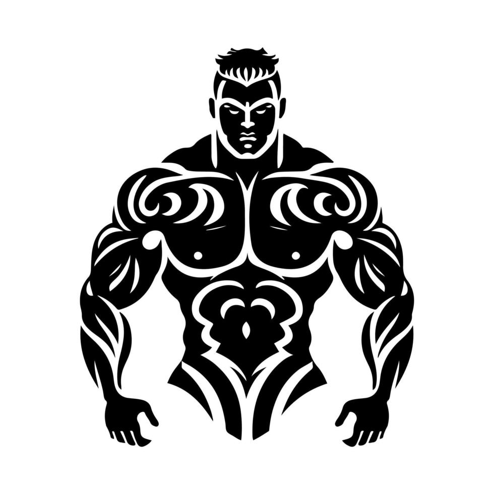 stark muskulös man, kroppsbyggare. svart och vit vektor illustration för Gym logotyp, emblem, maskot, tecken.