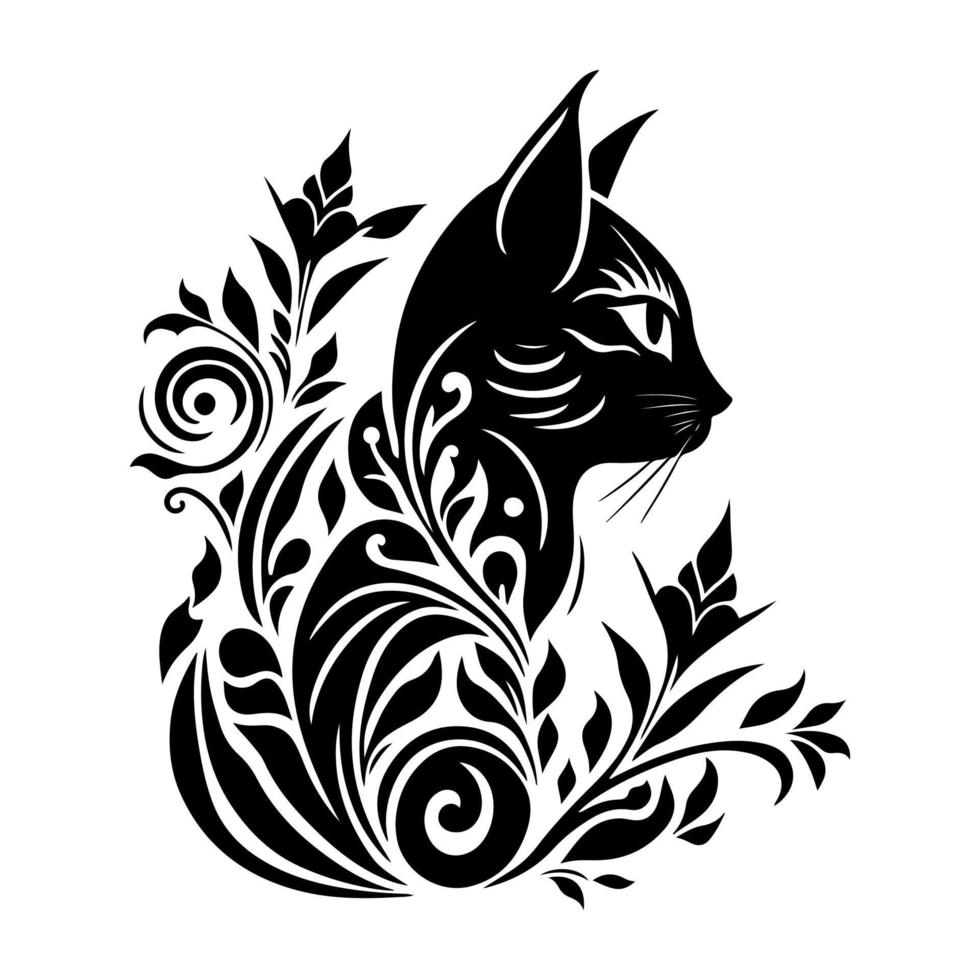 stam- katt med blommig prydnad. design element för emblem, maskot, tecken, affisch, kort, logotyp, baner, tatuering. isolerat, svart och vit vektor illustration.