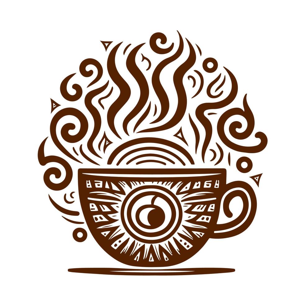 Kaffee Tasse mit abstrakt ausgepeitscht Sahne und Schokolade Rasuren. Vektor Illustration zum Logo, Speisekarte und Werbung von Cafe oder Restaurant.