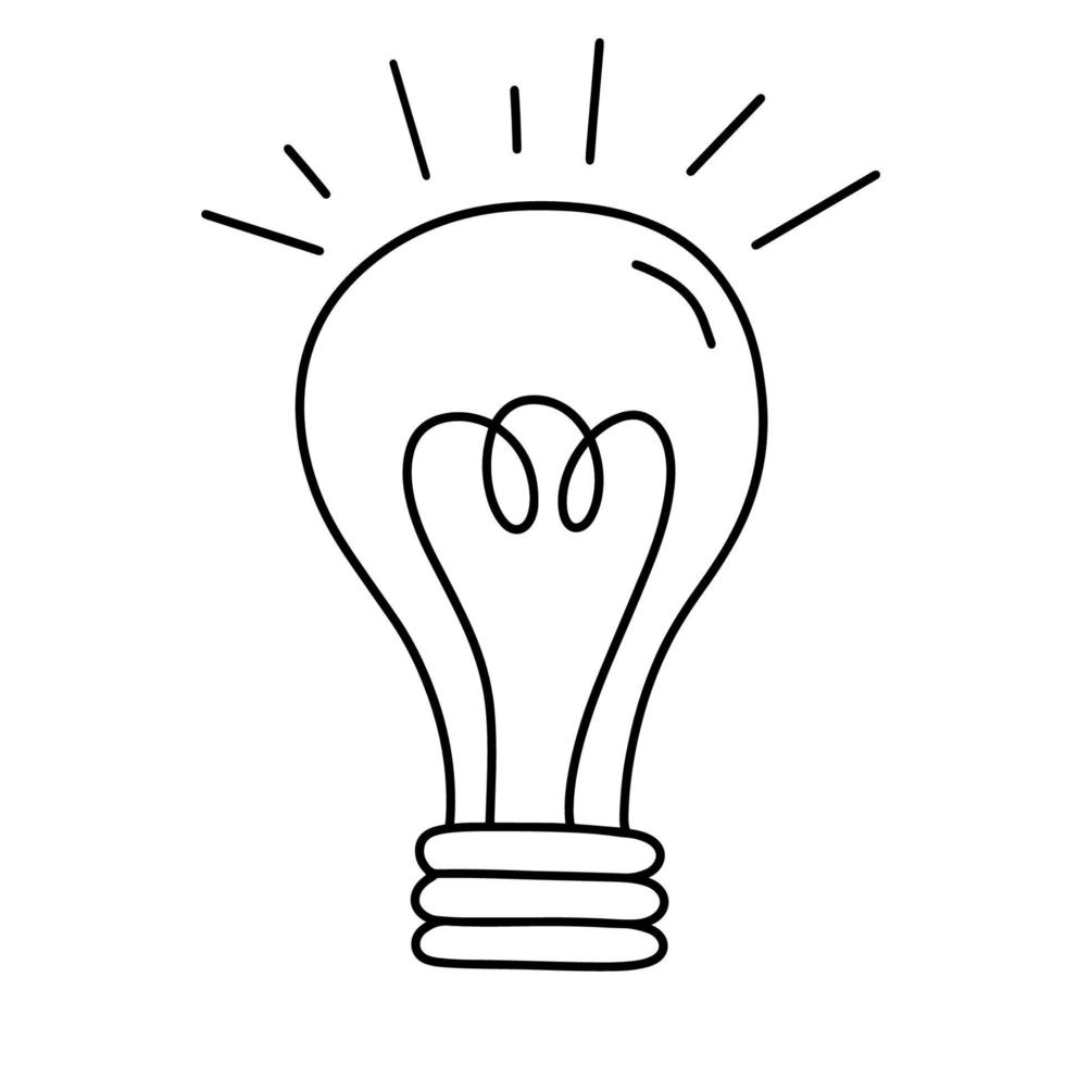 Licht Birne Gliederung Symbol isoliert auf Weiß. Gekritzel Vektor Illustration. Beleuchtung elektrisch Lampe. Elektrizität, scheinen.