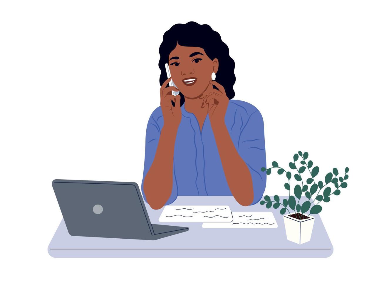 chef är talande till en kund under en telefon ringa upp. en svart kvinna är talande på de telefon på arbete i de kontor. vektor platt illustration.