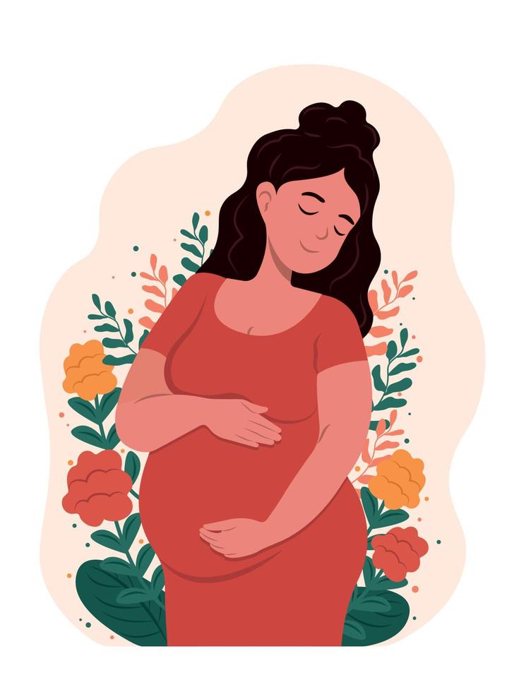 gesund Schwangerschaft. schön schwanger Frau Umarmungen ihr Bauch. das Konzept von Schwangerschaft und Mutterschaft. gesund Schwangerschaft. Mutter Tag. vektor