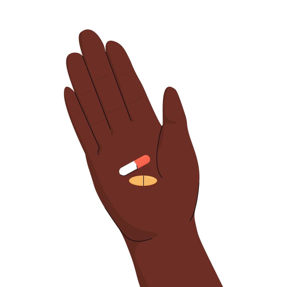Hand halten Pillen, Drogen, Vitamine. Medikamente. Gesundheitswesen und Medizin Konzept. einfach eben minimalistisch Stil. vektor