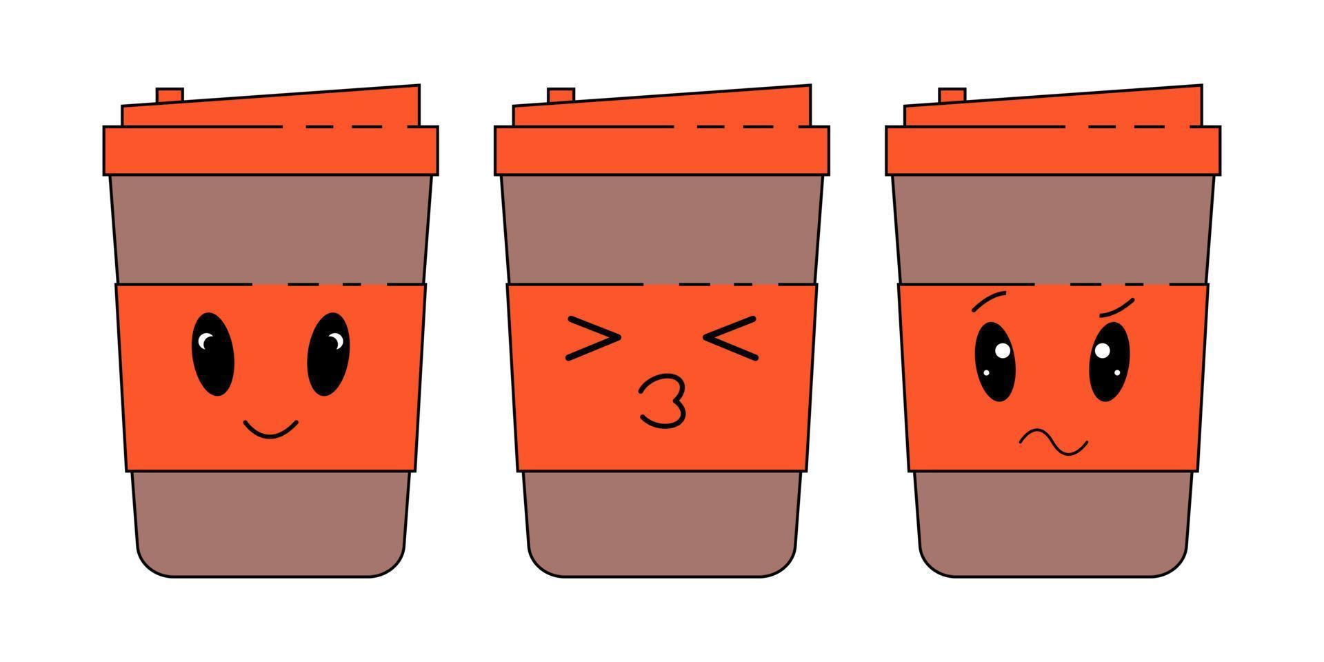 kaffe papper kopp uttryckssymboler uppsättning med annorlunda ansikten och uttryck. vektor