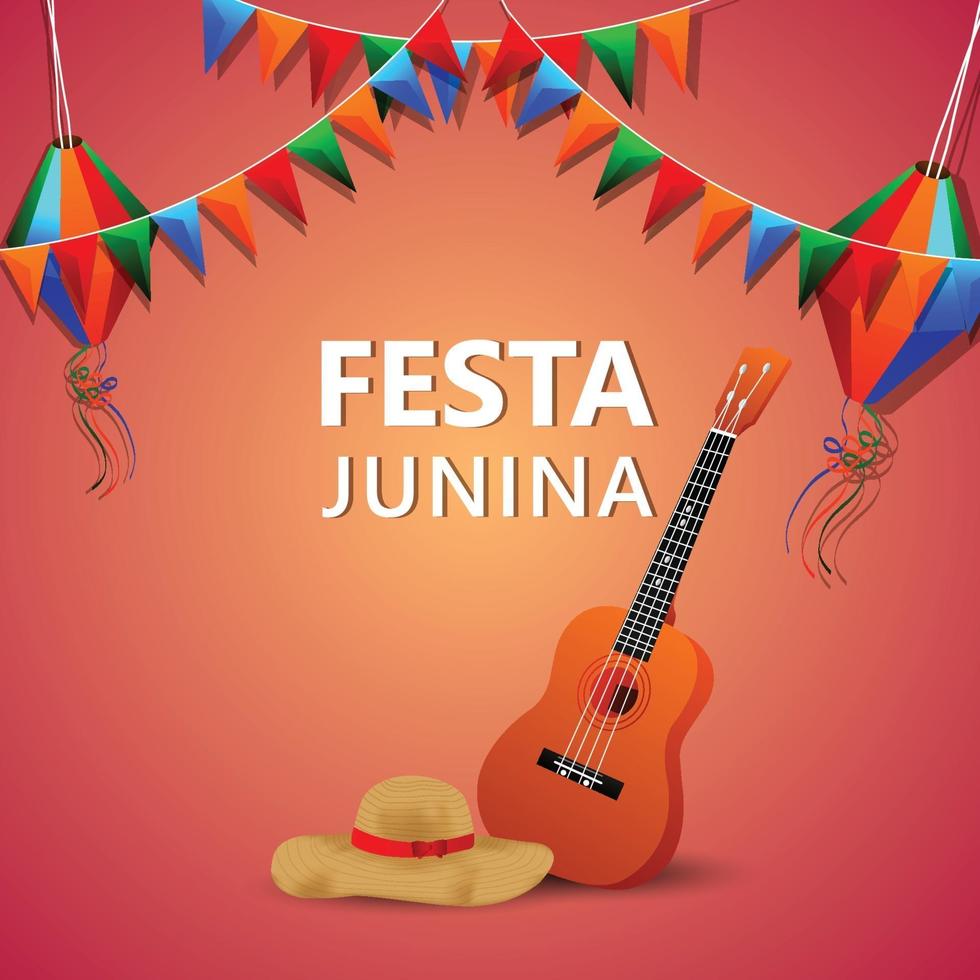 Festa Junina Vektor-Illustration von Gitarre und bunte Flagge und Papierlaterne vektor