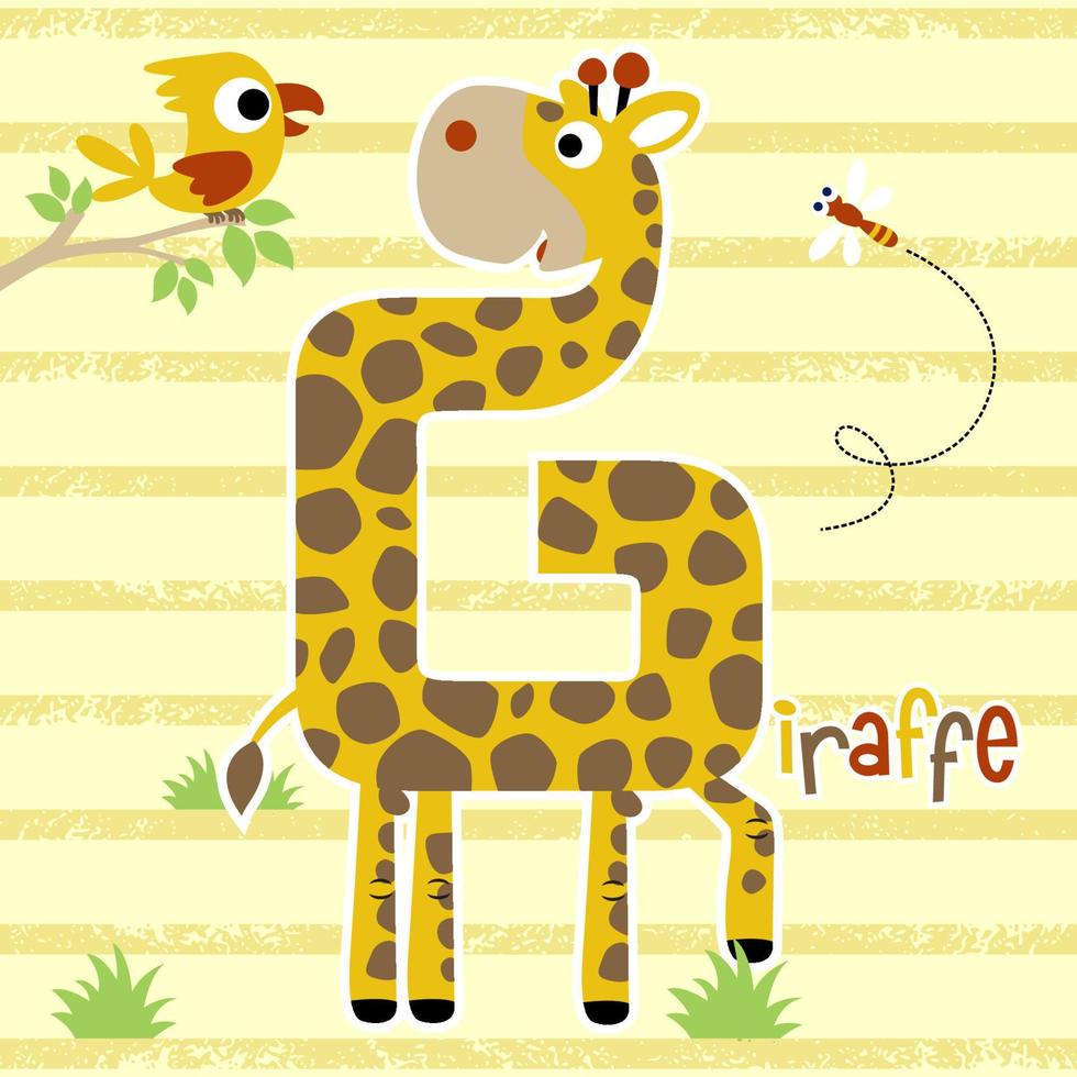 rolig giraff tecknad serie formad brev g med fågel och trollslända på randig bakgrund vektor