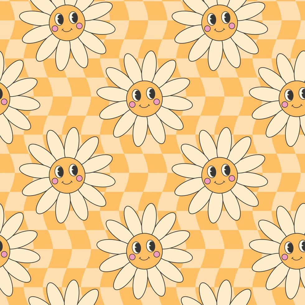 retro häftig hippie sömlös mönster. sömlös abstrakt geometrisk mönster. blommig bakgrund med söt daisy karaktär. vektor