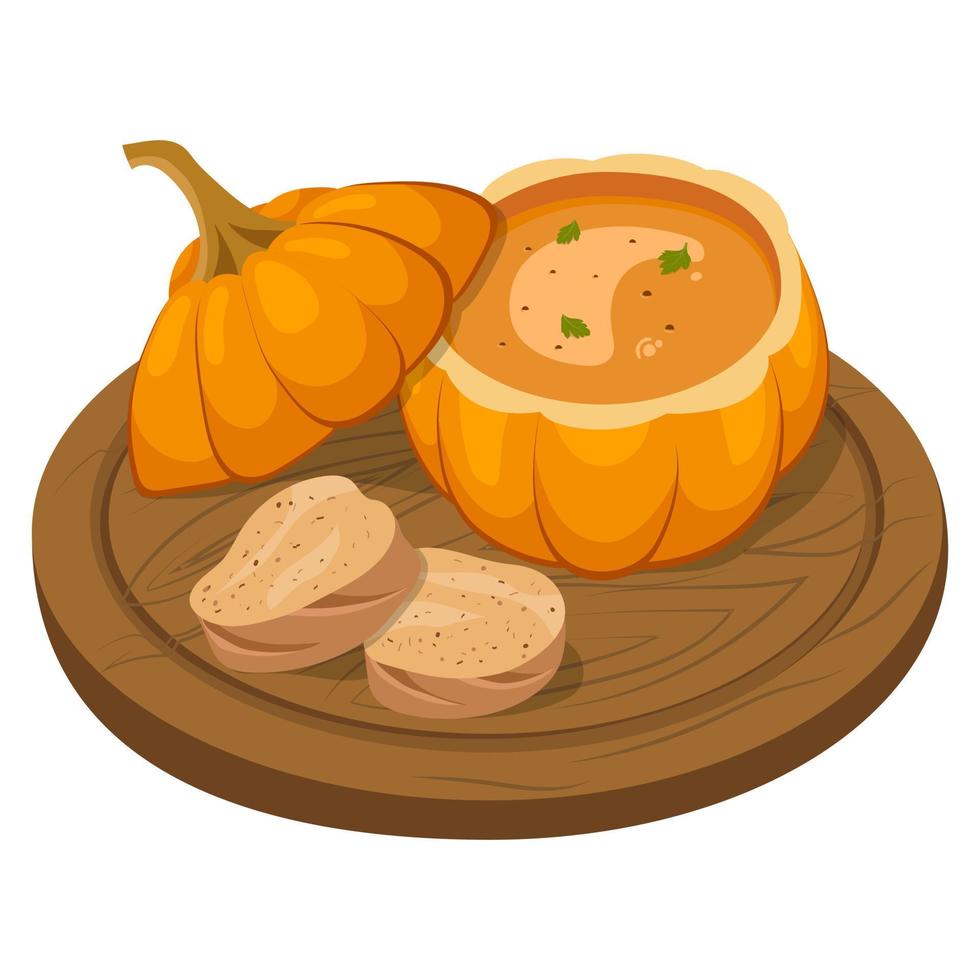 Kürbis Suppe mit Hirse, ein schön Portion im ein Kürbis auf ein Tafel mit Scheiben von Brot. Vektor Illustration auf ein Weiß Hintergrund