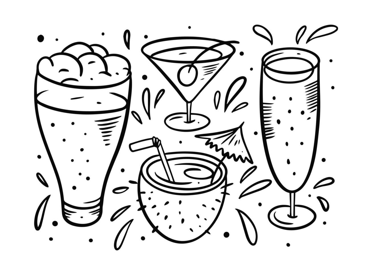 Hand Zeichnung schwarz Farbe. Bier und Cocktails Illustration Satz. Vektor Stil.