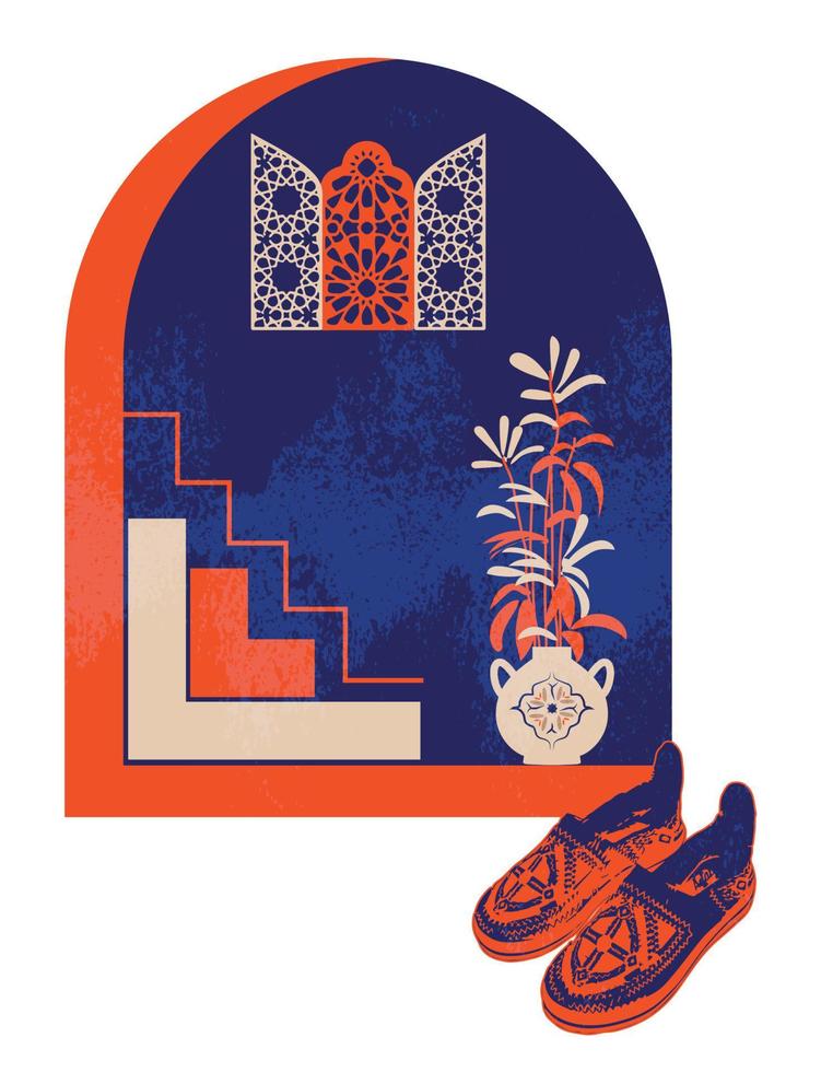 modern und minimalistisch Boho Design. marokkanisch Szene. ein marokkanisch Türen, Fenster und traditionell Handwerkskunst. Terrakotta Hintergrund. Vektor Illustration.