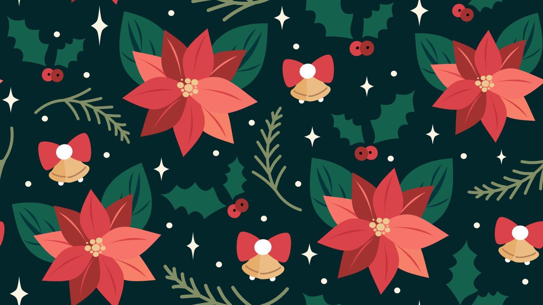 nahtlos Vektor Muster Hintergrund Illustration mit Beeren, Sterne, Weihnachten Glocken Ornament, Mistel und Weihnachtsstern Blumen