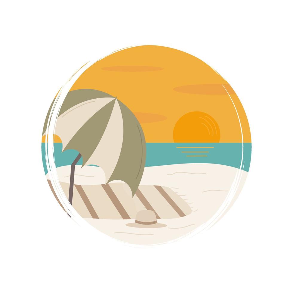 süß Logo oder Symbol Vektor mit Sommer- Strand Szene, Illustration auf Kreis mit Bürste Textur, zum Sozial Medien Geschichte und Highlights