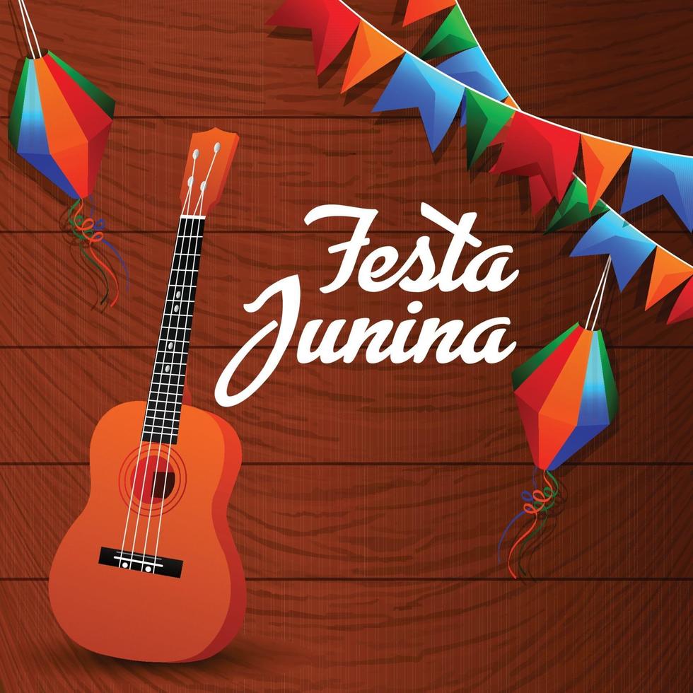 Festa Junina kreativen Hintergrund mit Gitarre und bunte Flagge und Papierlaterne vektor
