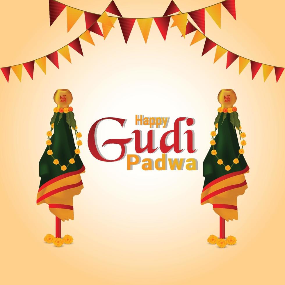 glückliche Gudi Padwa Feier realistische Kalash mit bunter Partyflagge vektor