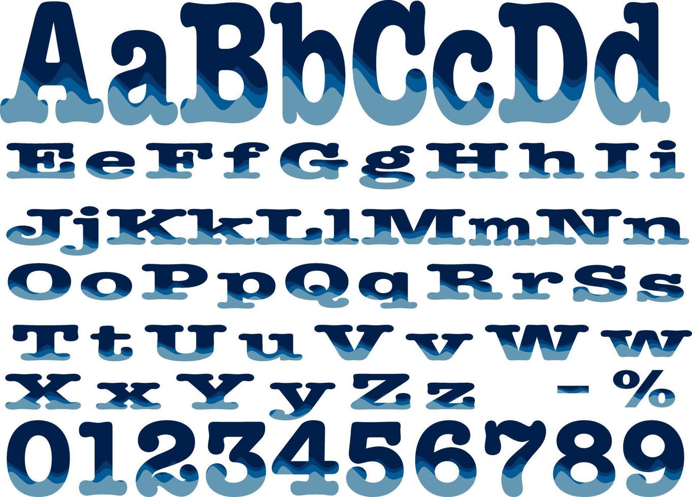ABC blå alfabet font vektor hav vatten Vinka uppsättning. 0-9 och minus- procentsats symbol vektor illustration.