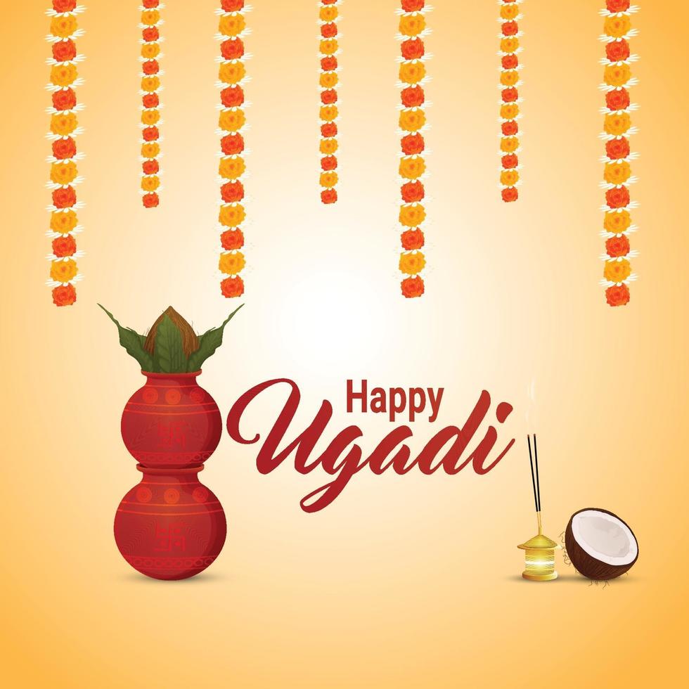 lycklig ugadi indisk festival gratulationskort och bakgrund med kalash vektor