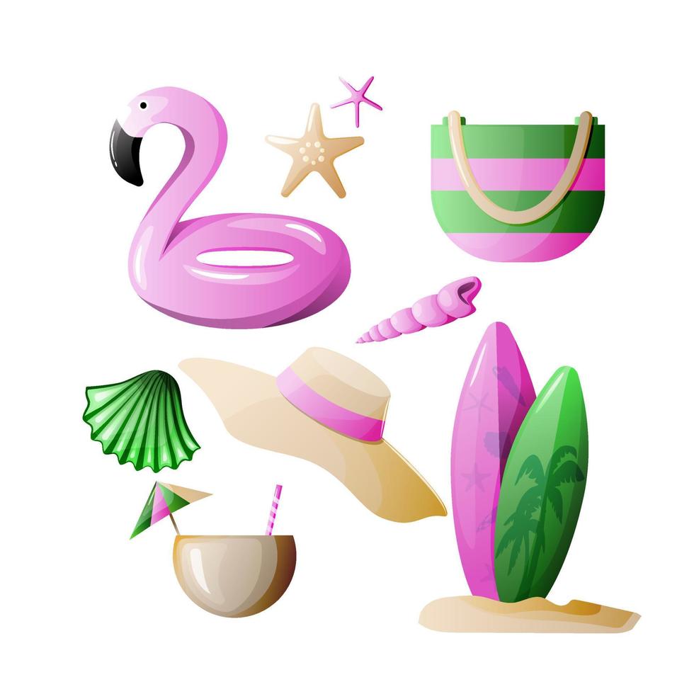 Sommer Symbole einstellen mit Flamingo, Hut, Strand Tasche, Flip Flops, Seestern, Muscheln, Surfbrett und Kokosnuss Cocktail. Sommer Vektor Illustration.