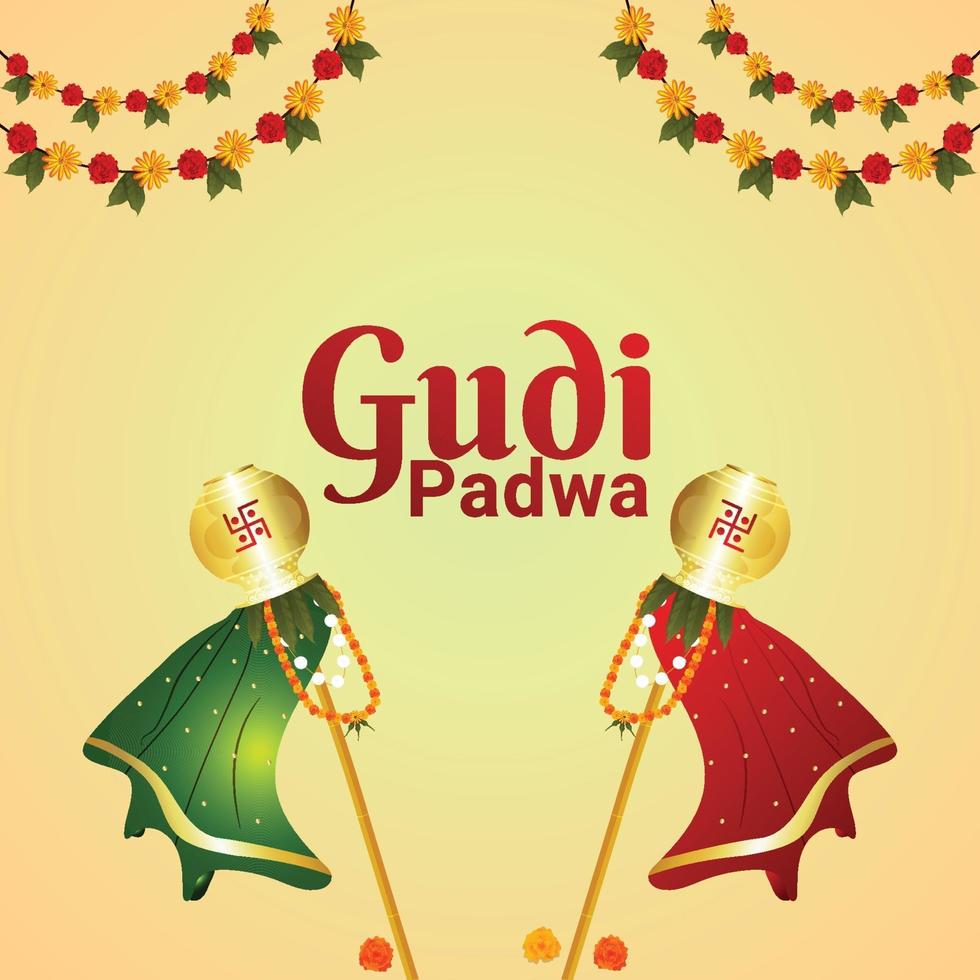 glad ugadi illustration med gyllene kalash och puja thali och kransblomma vektor