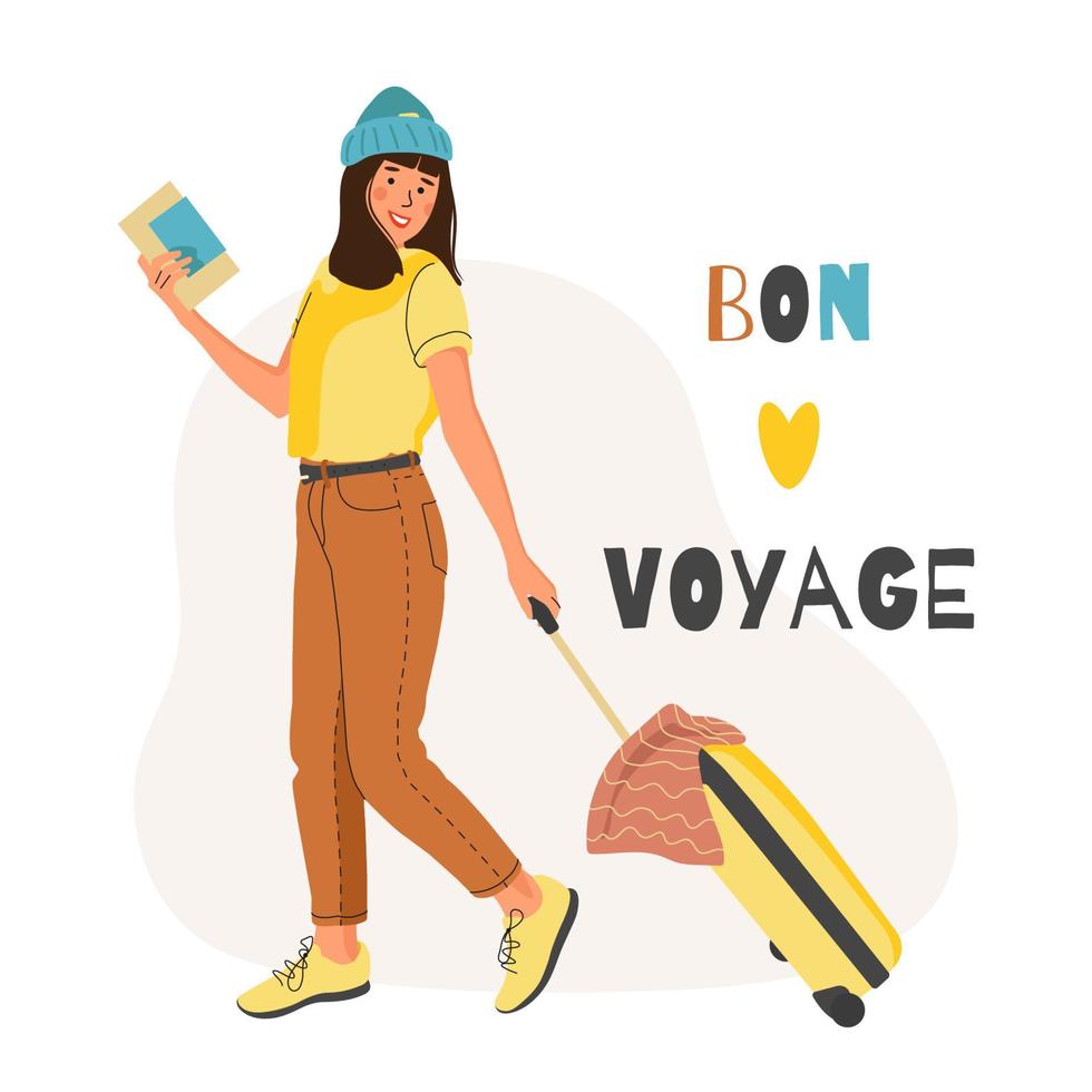 kvinna med en resväska går på semester. flicka med en resväska och en pass med ombordstigning passera biljetter. resa begrepp, platt vektor illustration.