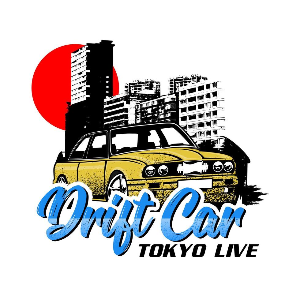 tokyo drift bil inspiration design. vektor illustration med de bild av ett modern bil, design logotyper, affischer, banderoller, Skyltning.