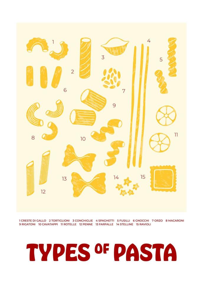 Italienisch Pasta Typen Satz. Poster Illustration. modern druckt zum Speisekarte Design, Kochbücher, Einladungen, Gruß Karten. vektor