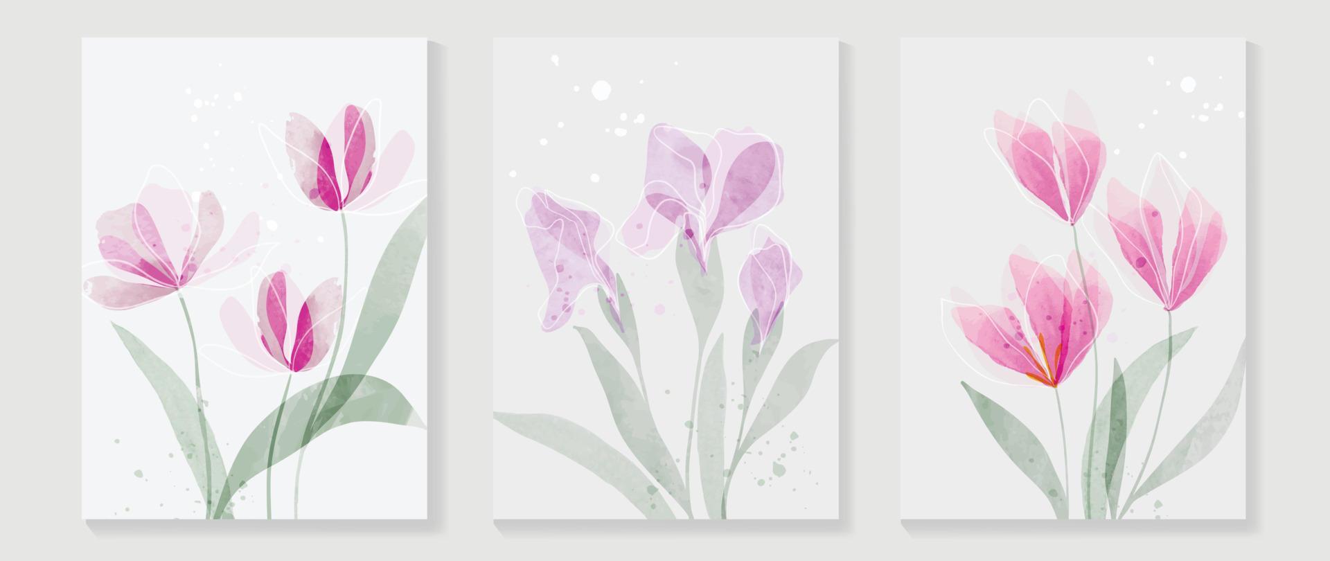 abstrakt blommig omslag bakgrund vektor. uppsättning av vår växt hand dragen mall med blommor, löv, vild blomma. färgrik vattenfärg textur design för tapet, baner, grafik, interiör, affisch. vektor