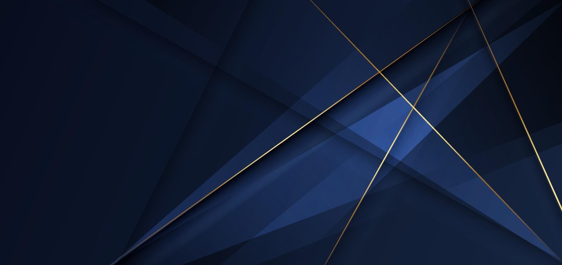 geometrischer überlappender Hintergrund der blauen Dreiecke der abstrakten Schablone mit goldener Linie. Luxusstil. vektor