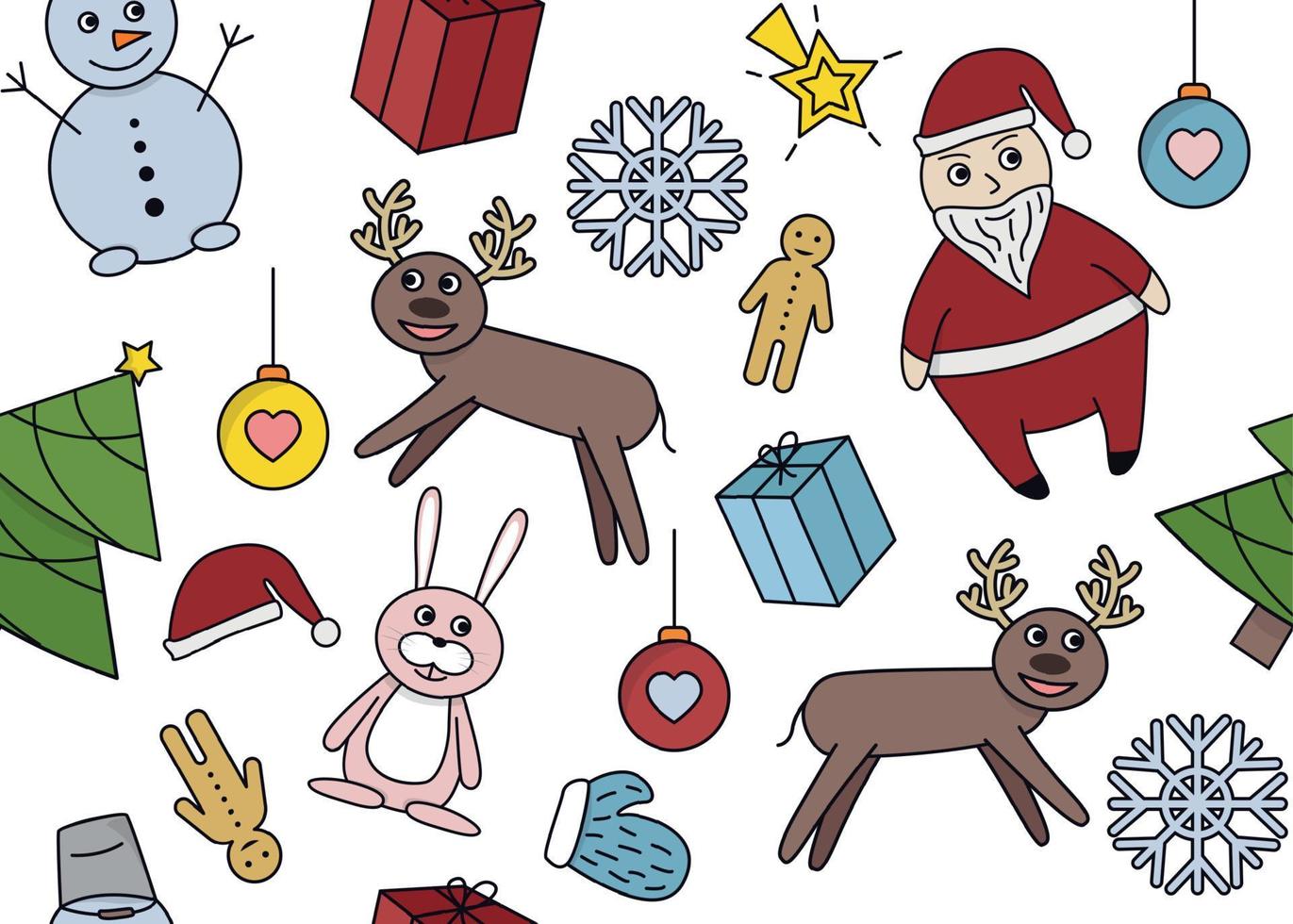 vektor illustration av ny år och jul sömlös mönster med santa claus, snögubbe, hare, rådjur, jul träd, boll, stjärna, vante, pepparkaka man, snöflinga