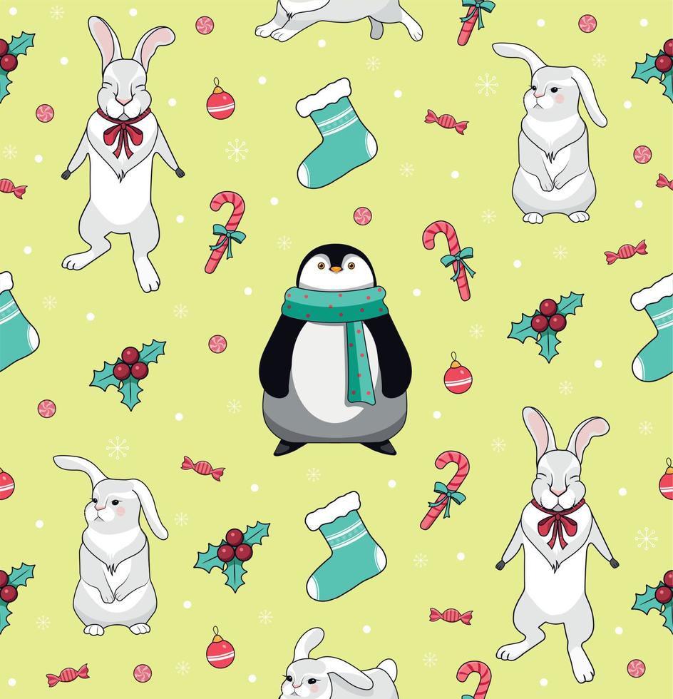 sömlös mönster med pingvin, harar, klubba och strumpa för gåvor. ny år och jul. vektor