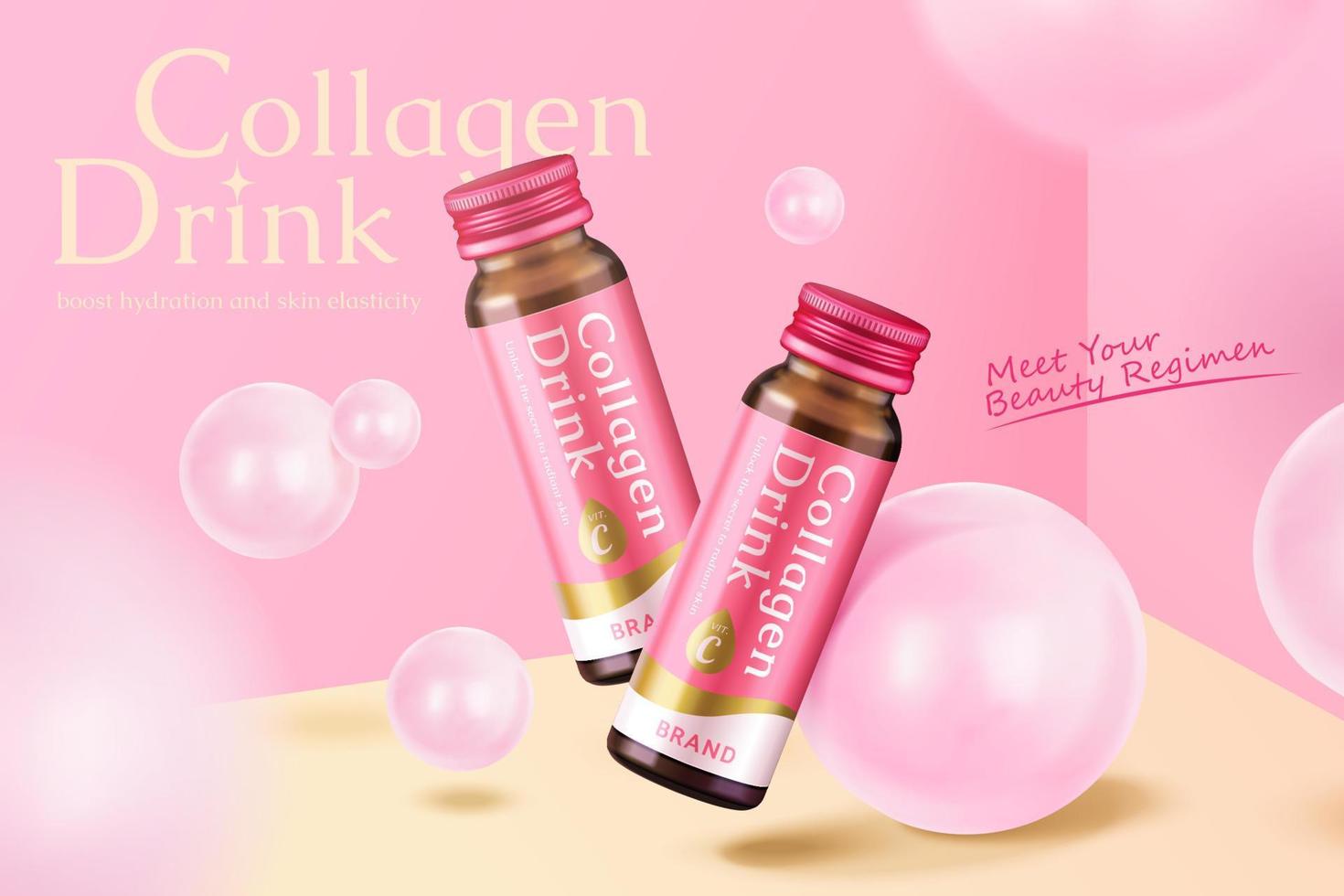 3d minimal tillägg produkt ad mall med kollagen dryck flaska mock-ups studsande runt om rosa bollar i en studio rum. vektor