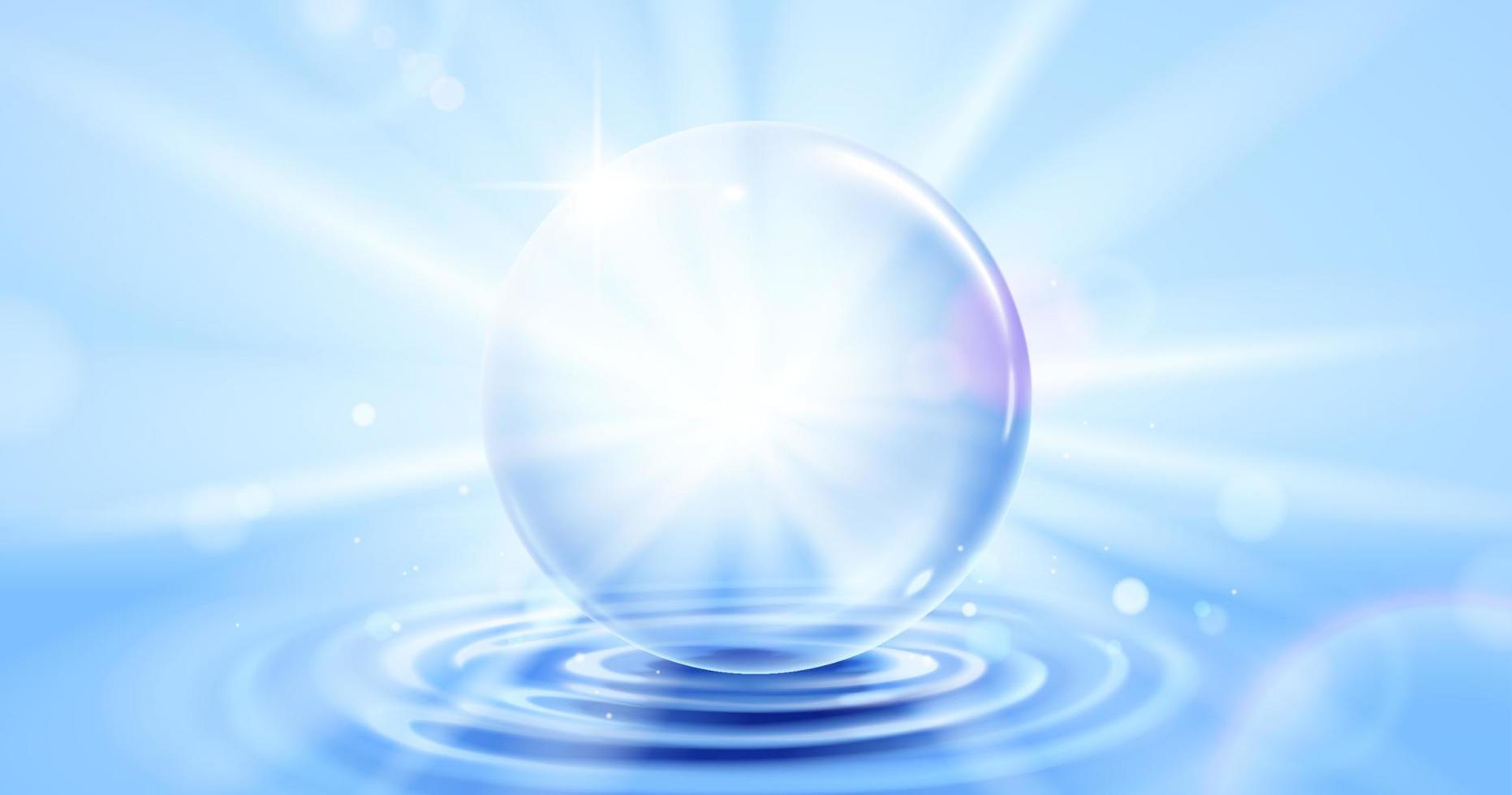 3d stor bubbla flytande på vatten krusningar med vit radiell belysning på blå bakgrund vektor