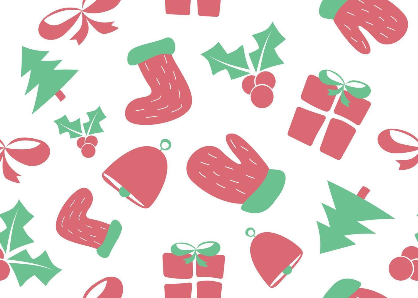Vektor Illustration von Neu Jahr und Weihnachten nahtlos Muster mit Fäustling, Socke, Glocke, Geschenk, Stechpalme, Weihnachten Baum auf Weiß Hintergrund