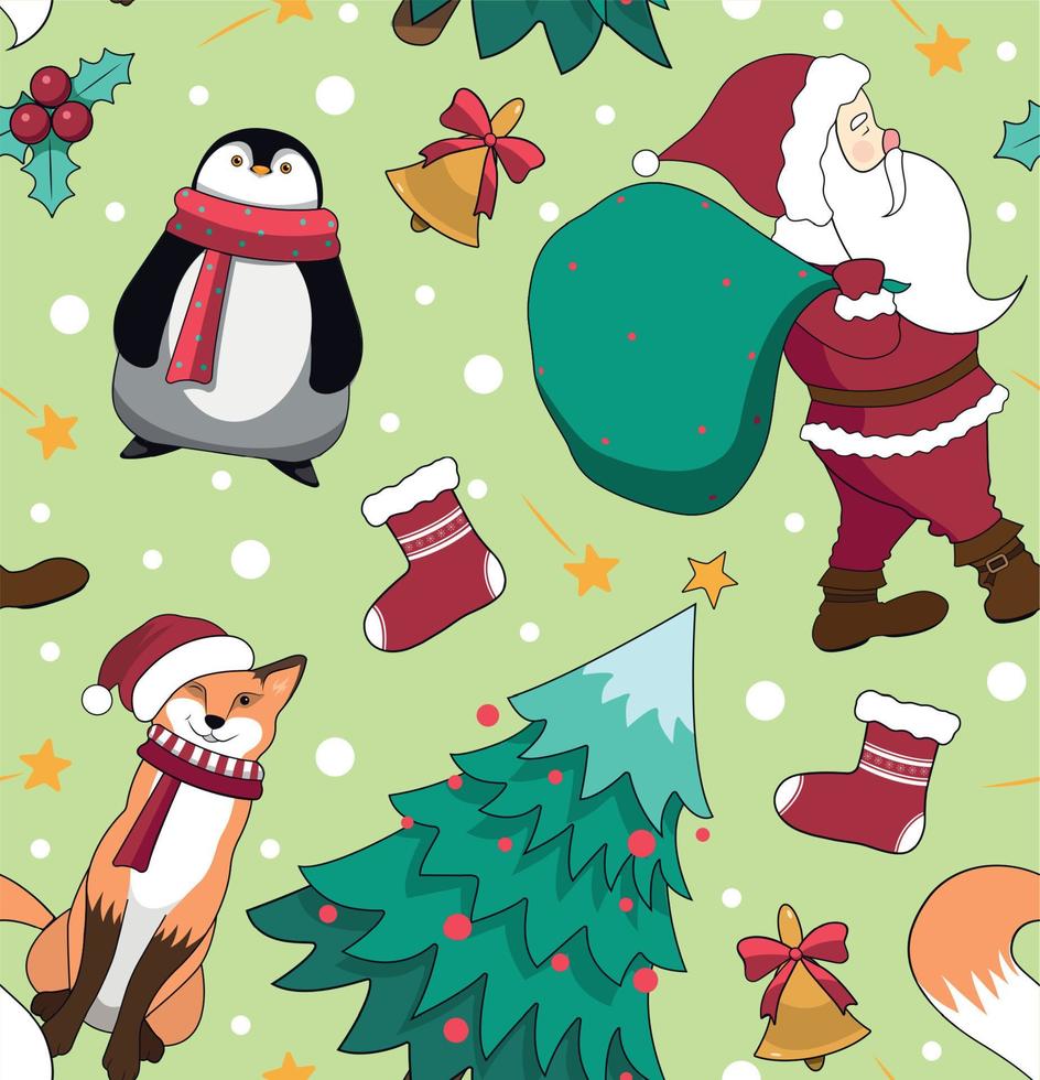 nahtlos Muster. Weihnachten Bild mit Pinguin, Fuchs, Tannenbaum, Santa Klaus, Glocken, Stechpalme, Socken, Sterne. Vektor Illustration.
